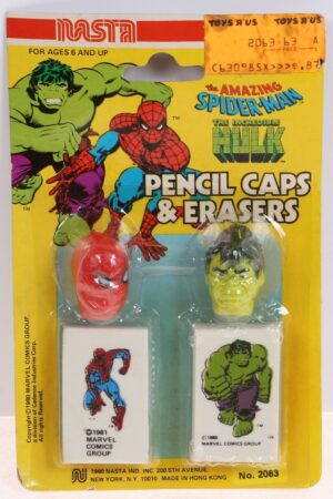 The Amazing Spider-Man and The Incredible Hulk Pencil Caps and Erasers Mego Vintage Era Toys MOC C-8.5+